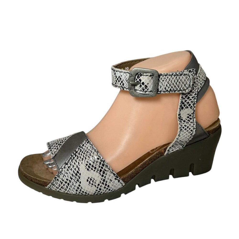Fly London Imat Snakeskin Open Toe Wedge Ankle Strap Sandals‎ NEW 38